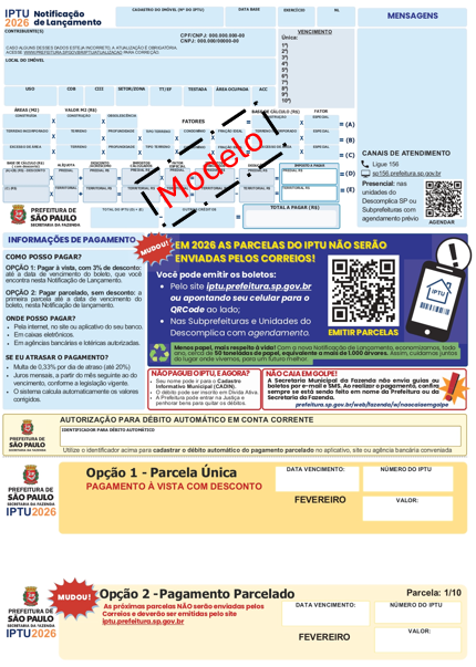Modelo de notificação de IPTU mostrando os campos de cadastro do imóvel