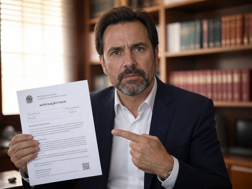 Advogado apontando para uma notificacao fiscal de cobranca recebida pelo contribuinte