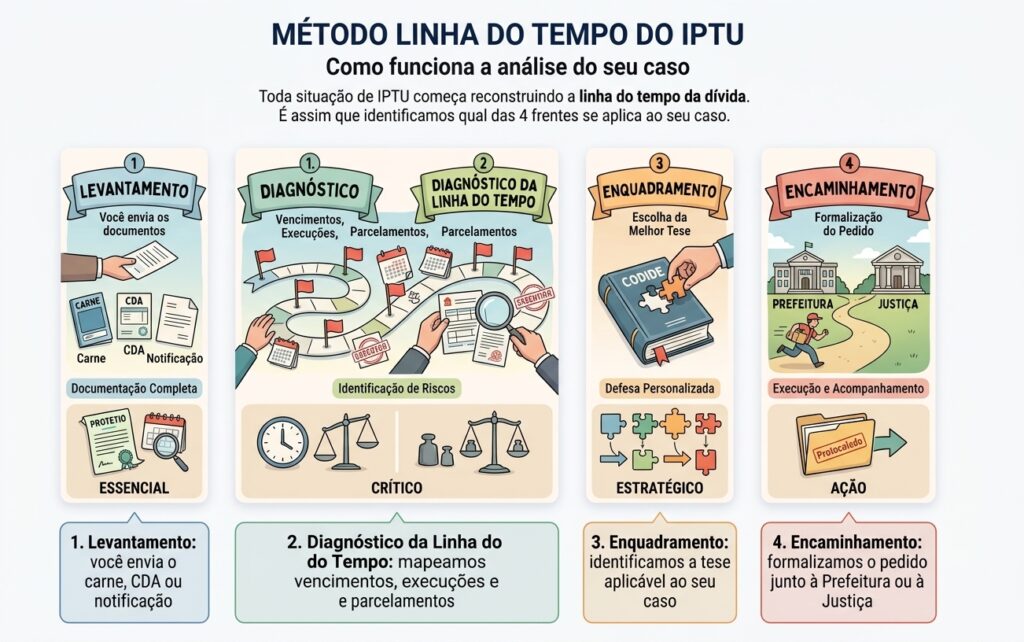 Ilustração do Método Linha do Tempo do IPTU: Levantamento, Diagnóstico, Enquadramento e Encaminhamento