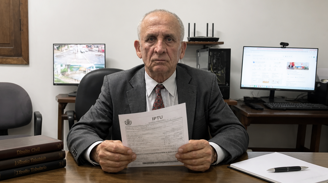 Dr. Gilvandi, advogado tributarista, analisando um carnê de IPTU de São Paulo